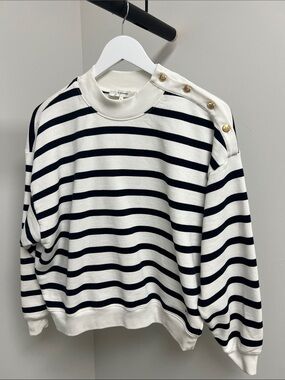 Frame Denim Navy and White Striped Button-Shoulder Sweater